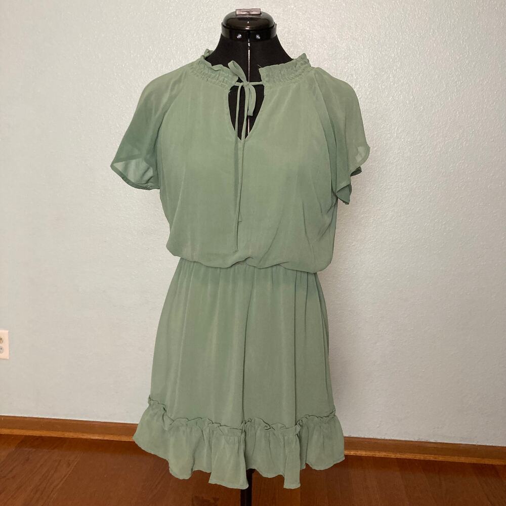 S June Ivy Green Ruffle Hem tropical vacation island blouson dress short chiffon